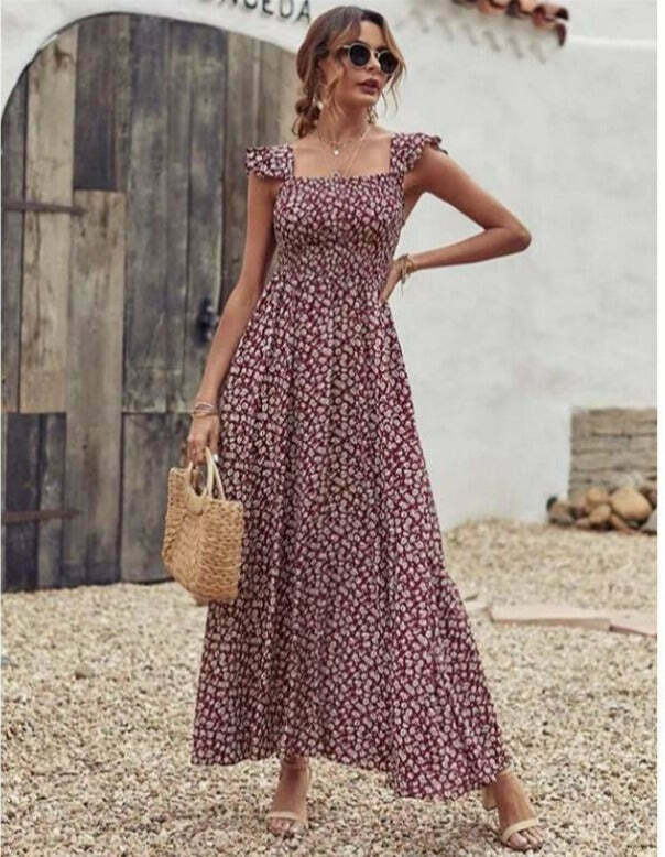 Vintage Olive Floral Square Collar Dress - Y2K Fashion with Coquette & Grunge Aesthetics