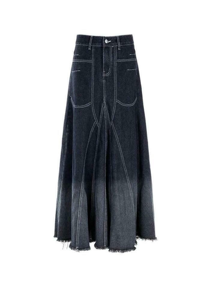 Vintage Ombre Splice Raw Hem Mermaid Denim Maxi Skirt in Y2K Fashion Aesthetic Vintage Ombre Splice Raw Hem Mermaid Denim Maxi Skirt in Y2K Fashion Aesthetic