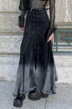 Vintage Ombre Splice Raw Hem Mermaid Denim Maxi Skirt in Y2K Fashion Aesthetic