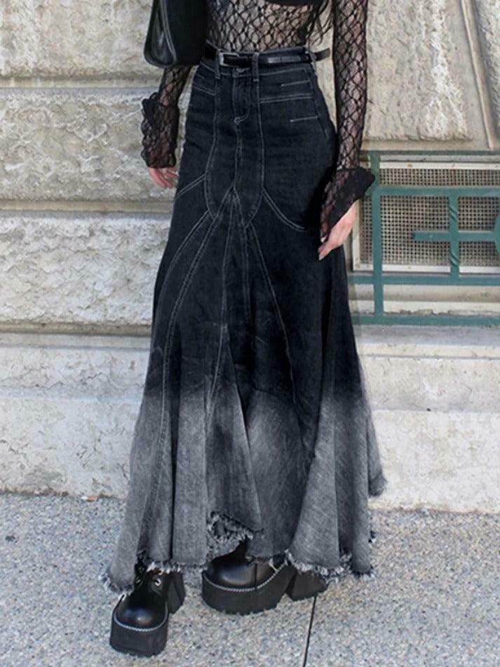 Vintage Ombre Splice Raw Hem Mermaid Denim Maxi Skirt in Y2K Fashion Aesthetic Vintage Ombre Splice Raw Hem Mermaid Denim Maxi Skirt in Y2K Fashion Aesthetic