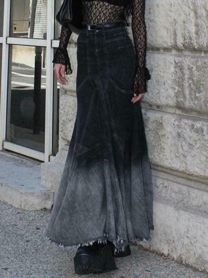 Vintage Ombre Splice Raw Hem Mermaid Denim Maxi Skirt in Y2K Fashion Aesthetic Vintage Ombre Splice Raw Hem Mermaid Denim Maxi Skirt in Y2K Fashion Aesthetic