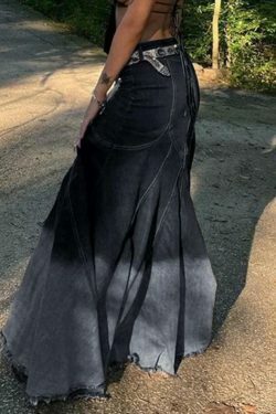 Vintage Ombre Splice Raw Hem Mermaid Denim Maxi Skirt in Y2K Fashion Aesthetic