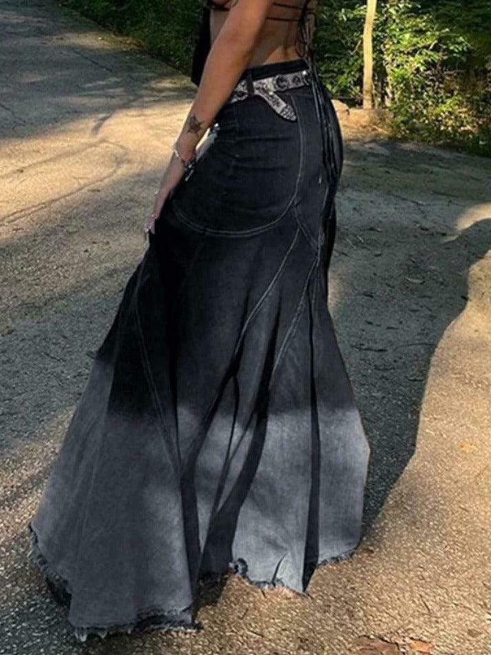 Vintage Ombre Splice Raw Hem Mermaid Denim Maxi Skirt in Y2K Fashion Aesthetic Vintage Ombre Splice Raw Hem Mermaid Denim Maxi Skirt in Y2K Fashion Aesthetic