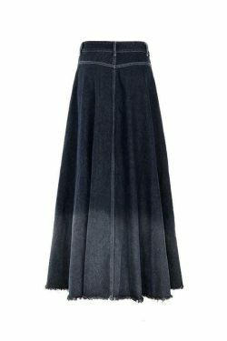Vintage Ombre Splice Raw Hem Mermaid Denim Maxi Skirt in Y2K Fashion Aesthetic