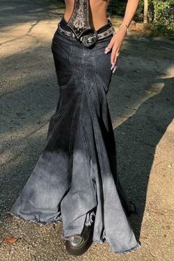 Vintage Ombre Splice Raw Hem Mermaid Denim Maxi Skirt in Y2K Fashion Aesthetic