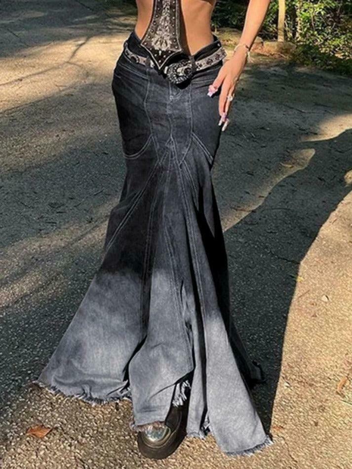 Vintage Ombre Splice Raw Hem Mermaid Denim Maxi Skirt in Y2K Fashion Aesthetic Vintage Ombre Splice Raw Hem Mermaid Denim Maxi Skirt in Y2K Fashion Aesthetic