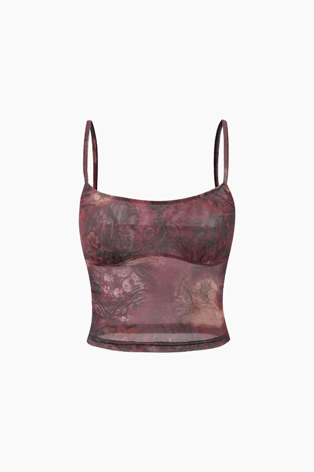 Vintage Paisley Mesh Cami: Y2K Aesthetic Top - Coquette & Grunge Fashion