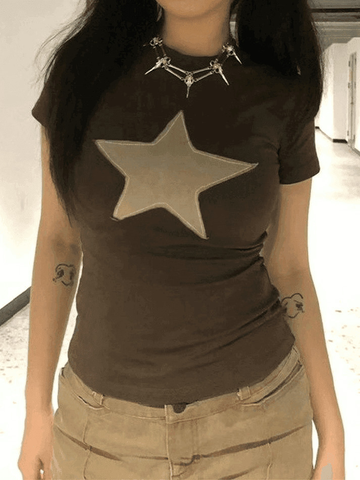 Vintage Patch Star Short Sleeve Tee - Y2K Aesthetic Top for Women - Coquette Grunge Outfit