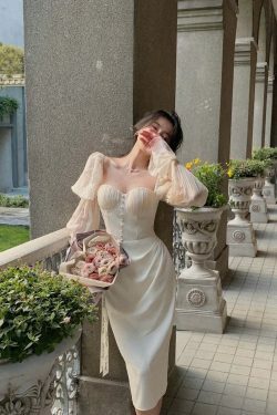 Vintage Pearl Elegance Midi Dress with Puff Sleeves - Y2K Fashion Aesthetic for Women