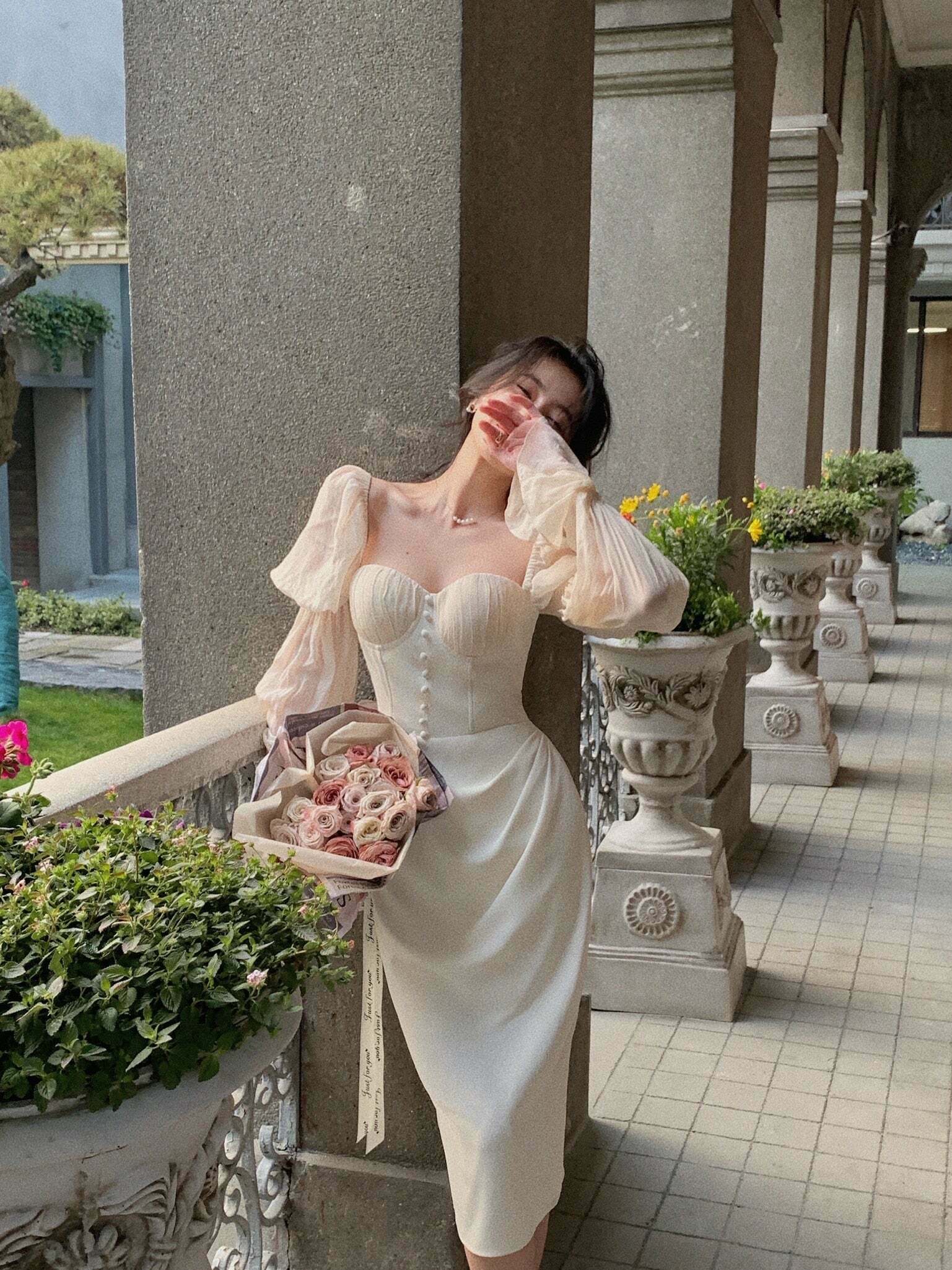 Vintage Pearl Elegance Midi Dress with Puff Sleeves - Y2K Fashion Aesthetic for Women