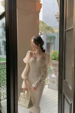 Vintage Pearl Elegance Midi Dress with Puff Sleeves - Y2K Fashion Aesthetic for Women