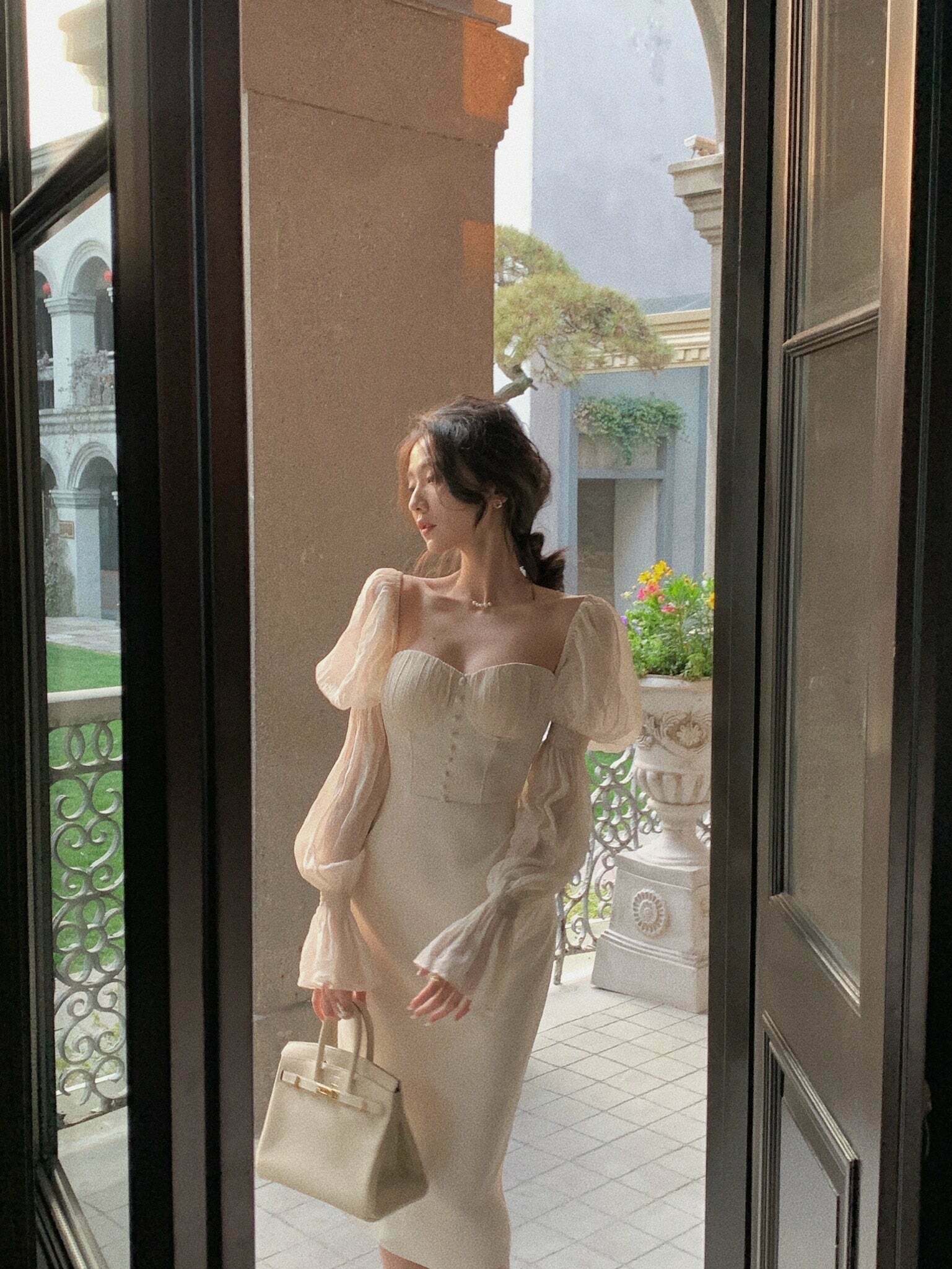 Vintage Pearl Elegance Midi Dress with Puff Sleeves - Y2K Fashion Aesthetic for Women