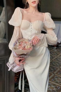 Vintage Pearl Elegance Midi Dress with Puff Sleeves - Y2K Fashion Aesthetic for Women