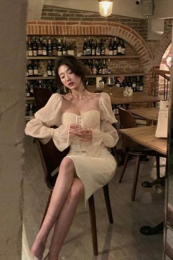 Vintage Pearl Elegance Midi Dress with Puff Sleeves - Y2K Fashion Aesthetic for Women