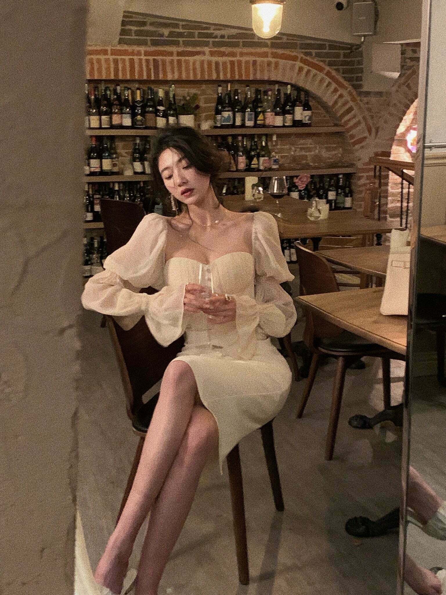 Vintage Pearl Elegance Midi Dress with Puff Sleeves - Y2K Fashion Aesthetic for Women