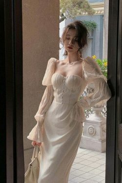 Vintage Pearl Elegance Midi Dress with Puff Sleeves - Y2K Fashion Aesthetic for Women