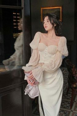 Vintage Pearl Elegance Midi Dress with Puff Sleeves - Y2K Fashion Aesthetic for Women