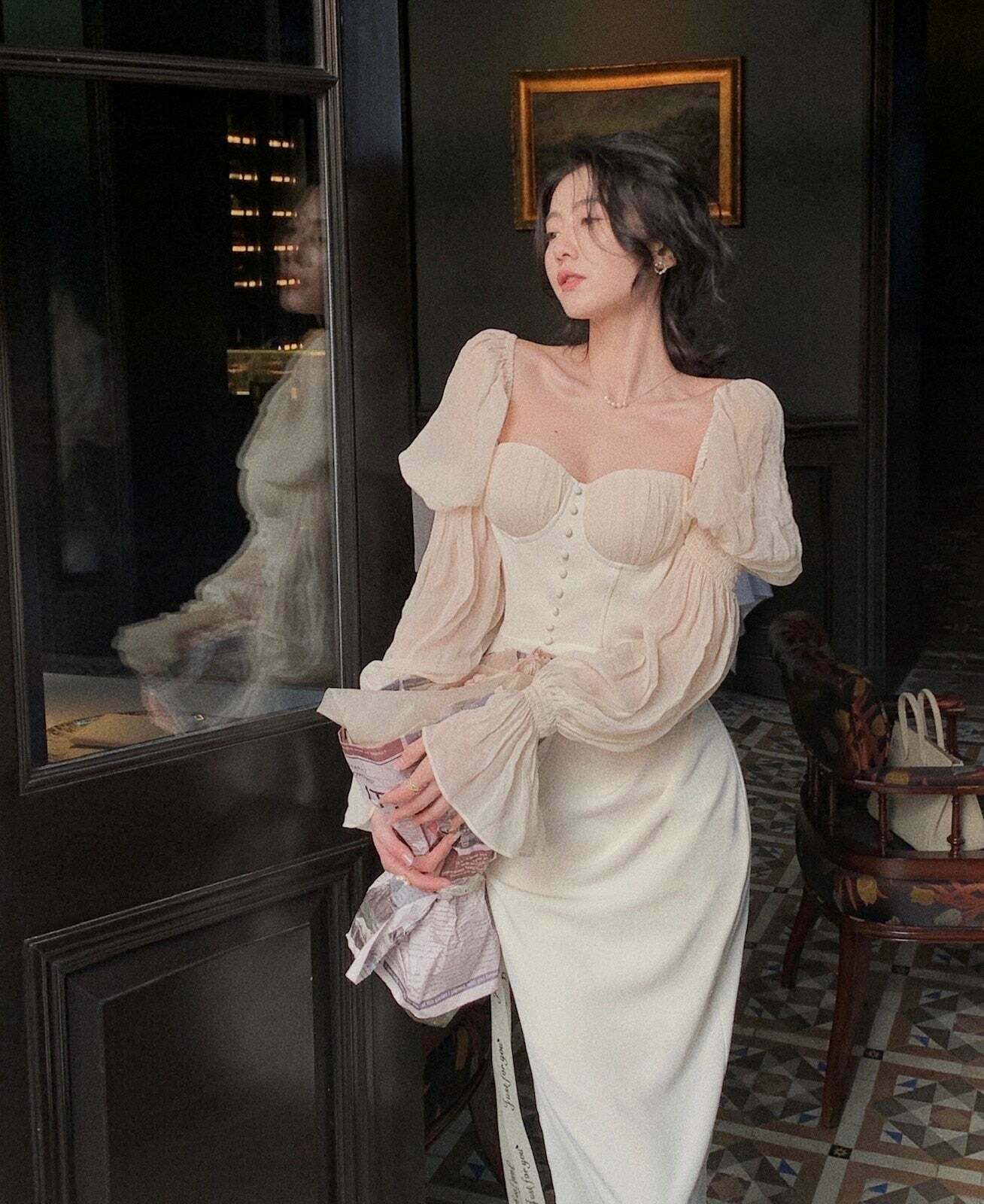 Vintage Pearl Elegance Midi Dress with Puff Sleeves - Y2K Fashion Aesthetic for Women