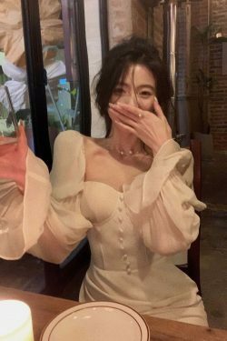 Vintage Pearl Elegance Midi Dress with Puff Sleeves - Y2K Fashion Aesthetic for Women