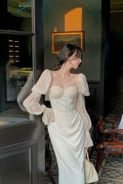 Vintage Pearl Elegance Midi Dress with Puff Sleeves - Y2K Fashion Aesthetic for Women