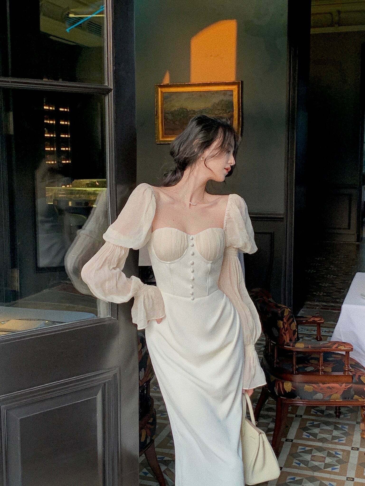 Vintage Pearl Elegance Midi Dress with Puff Sleeves - Y2K Fashion Aesthetic for Women