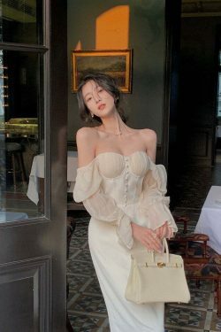 Vintage Pearl Elegance Midi Dress with Puff Sleeves - Y2K Fashion Aesthetic for Women