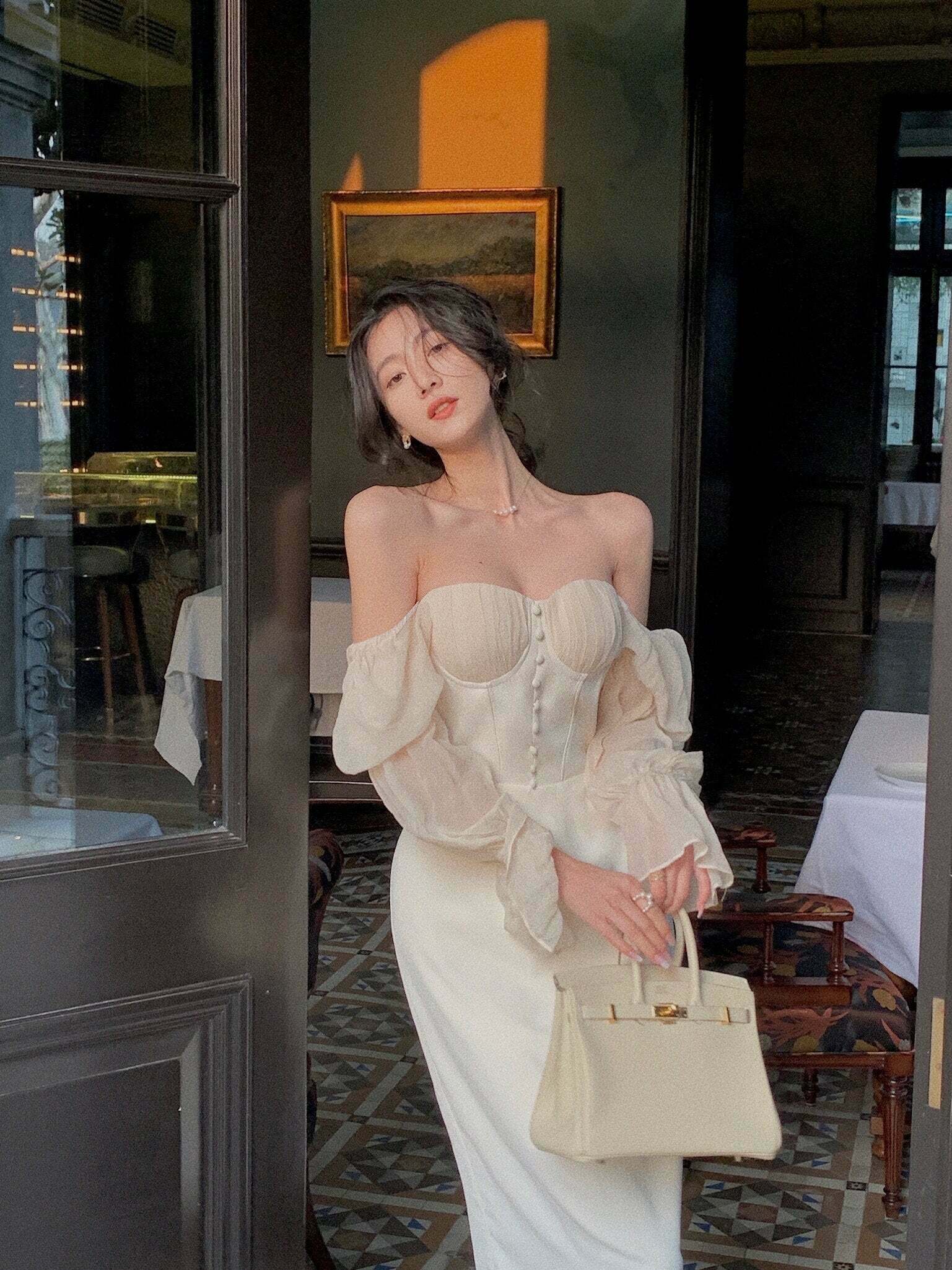 Vintage Pearl Elegance Midi Dress with Puff Sleeves - Y2K Fashion Aesthetic for Women