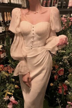 Vintage Pearl Elegance Midi Dress with Puff Sleeves - Y2K Fashion Aesthetic for Women