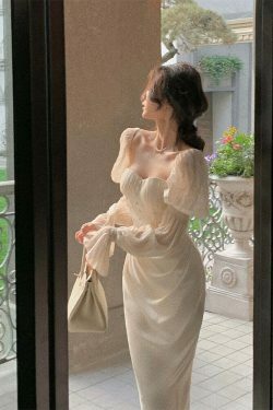 Vintage Pearl Elegance Midi Dress with Puff Sleeves - Y2K Fashion Aesthetic for Women