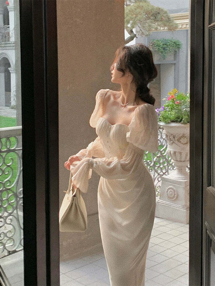 Vintage Pearl Elegance Midi Dress with Puff Sleeves - Y2K Fashion Aesthetic for Women