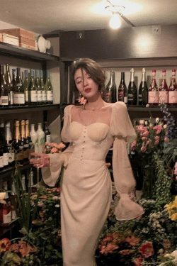 Vintage Pearl Elegance Midi Dress with Puff Sleeves - Y2K Fashion Aesthetic for Women