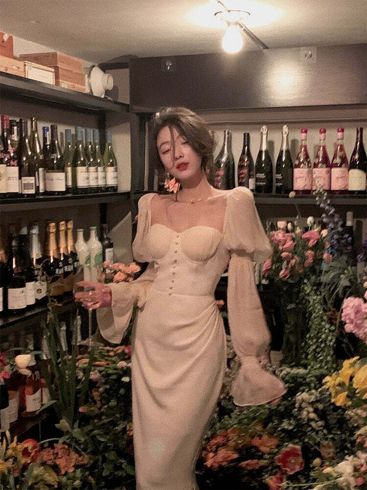 Vintage Pearl Elegance Midi Dress with Puff Sleeves - Y2K Fashion Aesthetic for Women