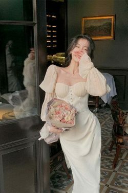 Vintage Pearl Elegance Midi Dress with Puff Sleeves - Y2K Fashion Aesthetic for Women