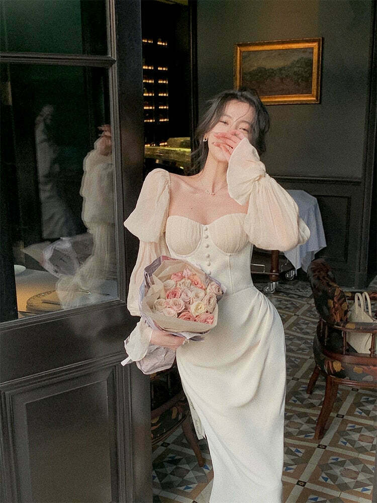 Vintage Pearl Elegance Midi Dress with Puff Sleeves - Y2K Fashion Aesthetic for Women