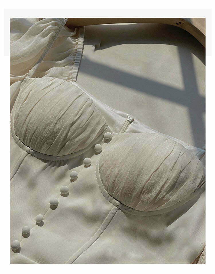 Vintage Pearl Elegance Midi Dress with Puff Sleeves - Y2K Fashion Aesthetic for Women