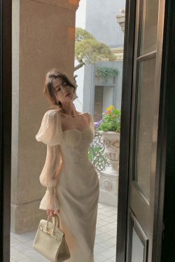 Vintage Pearl Elegance Midi Dress with Puff Sleeves - Y2K Fashion Aesthetic for Women