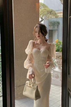 Vintage Pearl Elegance Midi Dress with Puff Sleeves - Y2K Fashion Aesthetic for Women