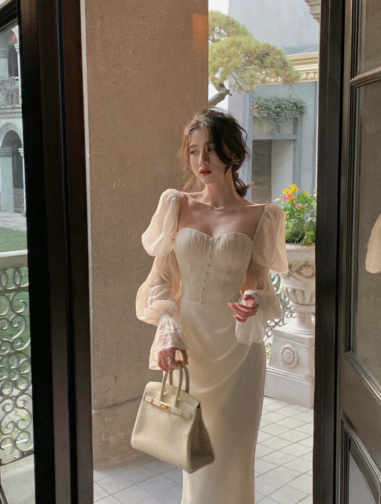 Vintage Pearl Elegance Midi Dress with Puff Sleeves - Y2K Fashion Aesthetic for Women