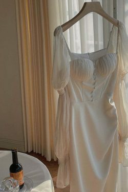 Vintage Pearl Elegance Midi Dress with Puff Sleeves - Y2K Fashion Aesthetic for Women