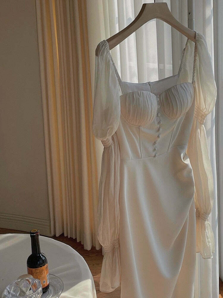 Vintage Pearl Elegance Midi Dress with Puff Sleeves - Y2K Fashion Aesthetic for Women