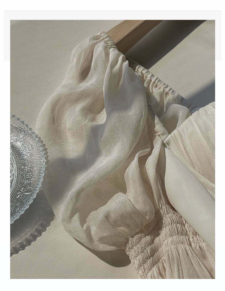 Vintage Pearl Elegance Midi Dress with Puff Sleeves - Y2K Fashion Aesthetic for Women