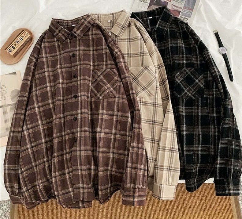 Vintage Plaid Sleeved Shirt for Y2K Fashion Enthusiasts