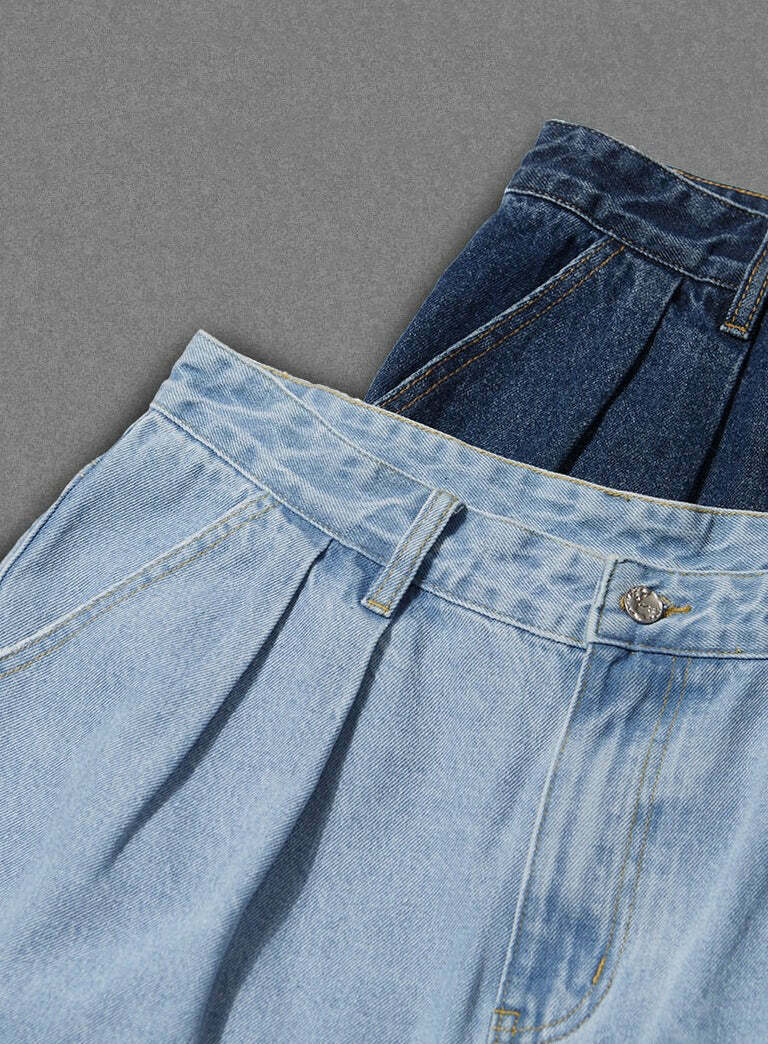 Vintage Pleat Front Wide Leg Jeans - Y2K Fashion Aesthetic for Women - Coquette Style Grunge Outfits