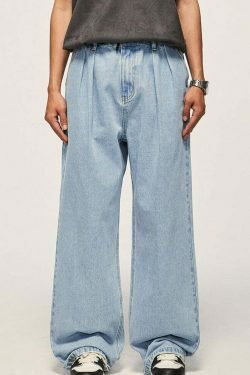 Vintage Pleat Front Wide Leg Jeans - Y2K Fashion Aesthetic for Women - Coquette Style Grunge Outfits