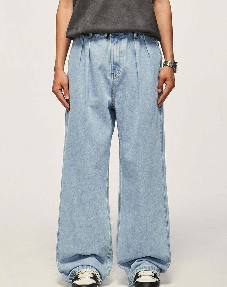 Vintage Pleat Front Wide Leg Jeans - Y2K Fashion Aesthetic for Women - Coquette Style Grunge Outfits