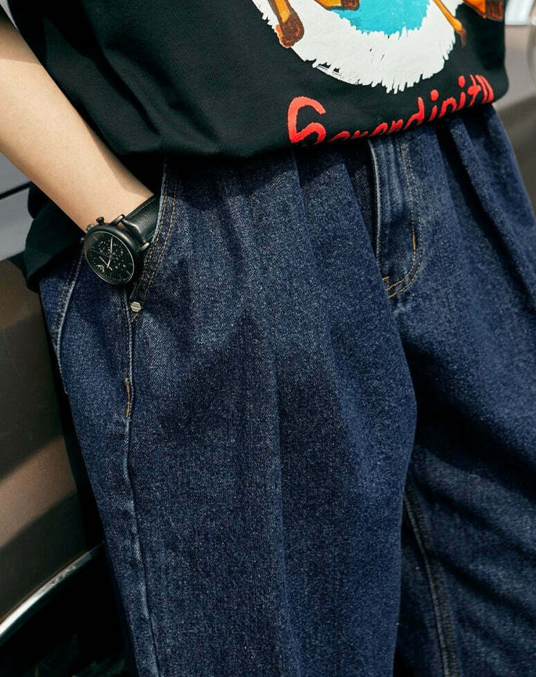 Vintage Pleat Front Wide Leg Jeans - Y2K Fashion Aesthetic for Women - Coquette Style Grunge Outfits