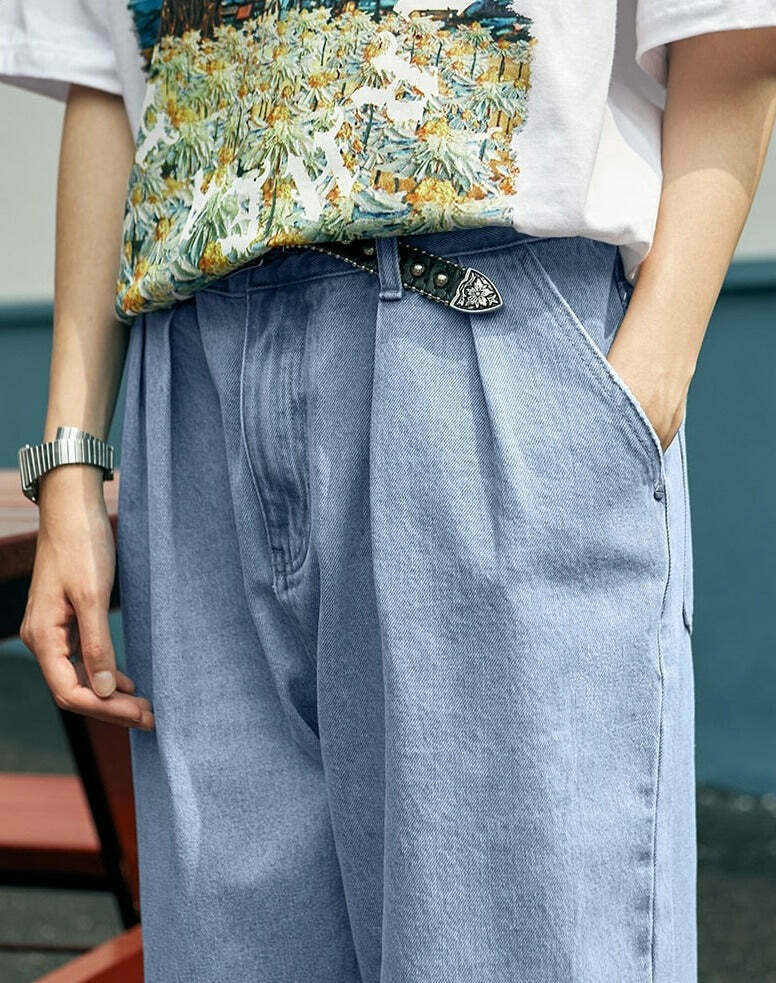 Vintage Pleat Front Wide Leg Jeans - Y2K Fashion Aesthetic for Women - Coquette Style Grunge Outfits