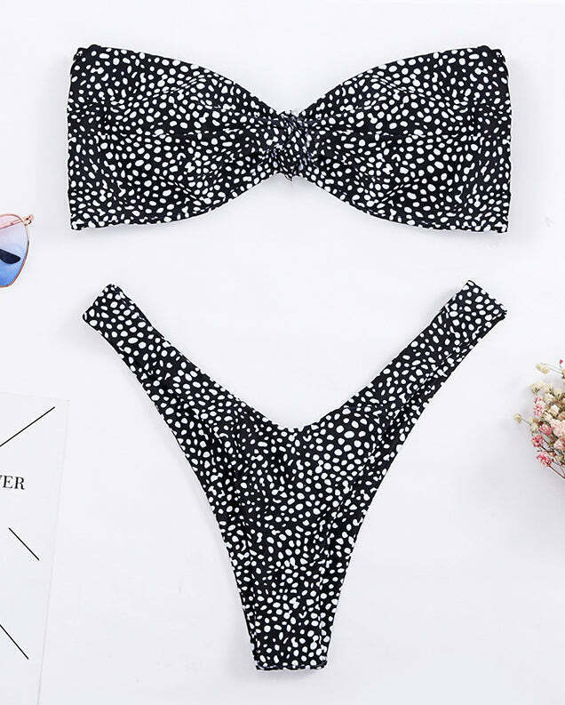 Vintage Polka Dot High Cut Bandeau Bikini - Y2K Fashion Retro Swimwear Vintage Polka Dot High Cut Bandeau Bikini - Y2K Fashion Retro Swimwear