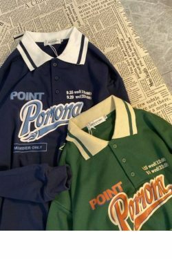 Vintage Polo Sweatshirt - Y2K Aesthetic Coquette Grunge Style Cute Tops Pastel Goth