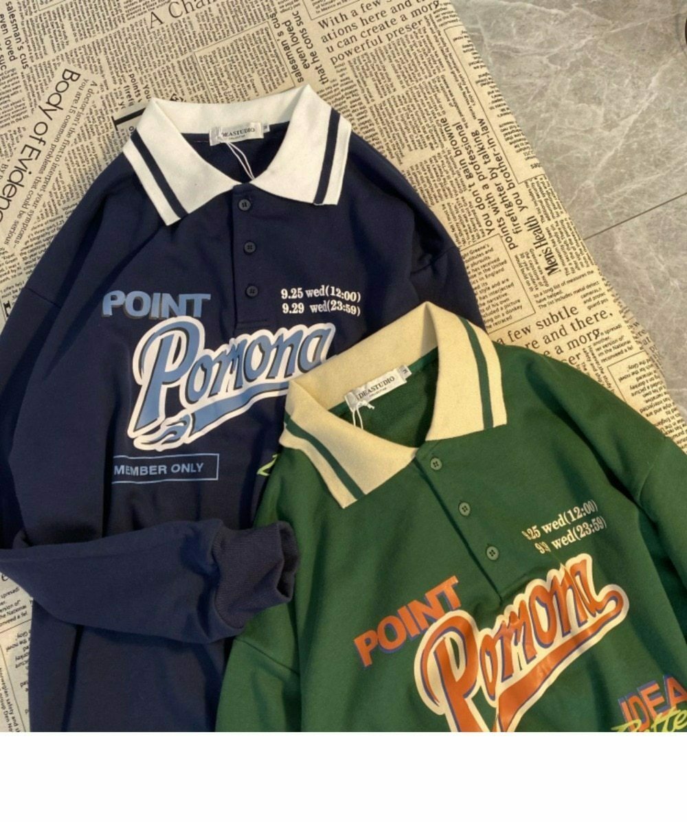 Vintage Polo Sweatshirt - Y2K Aesthetic Coquette Grunge Style Cute Tops Pastel Goth